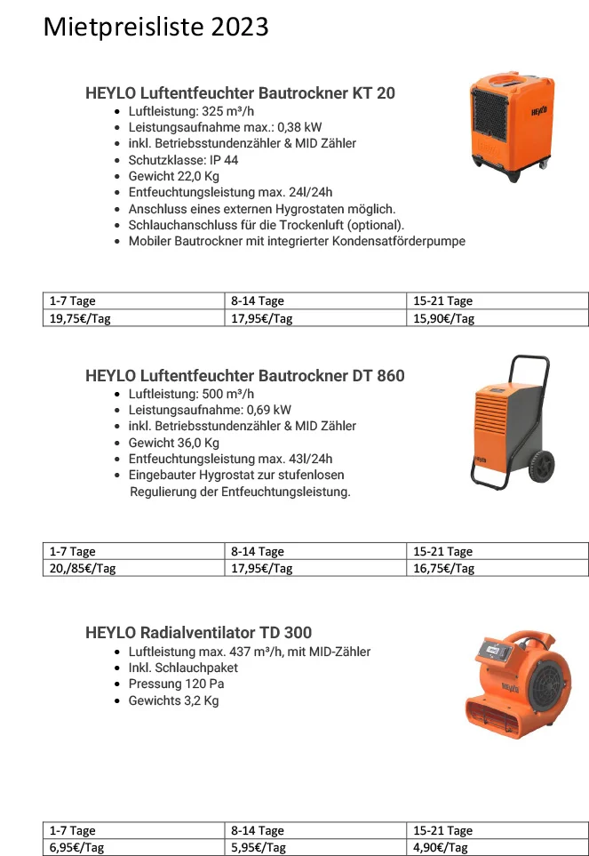 Mietpreisliste Bautrocknungsgeräte Teil1